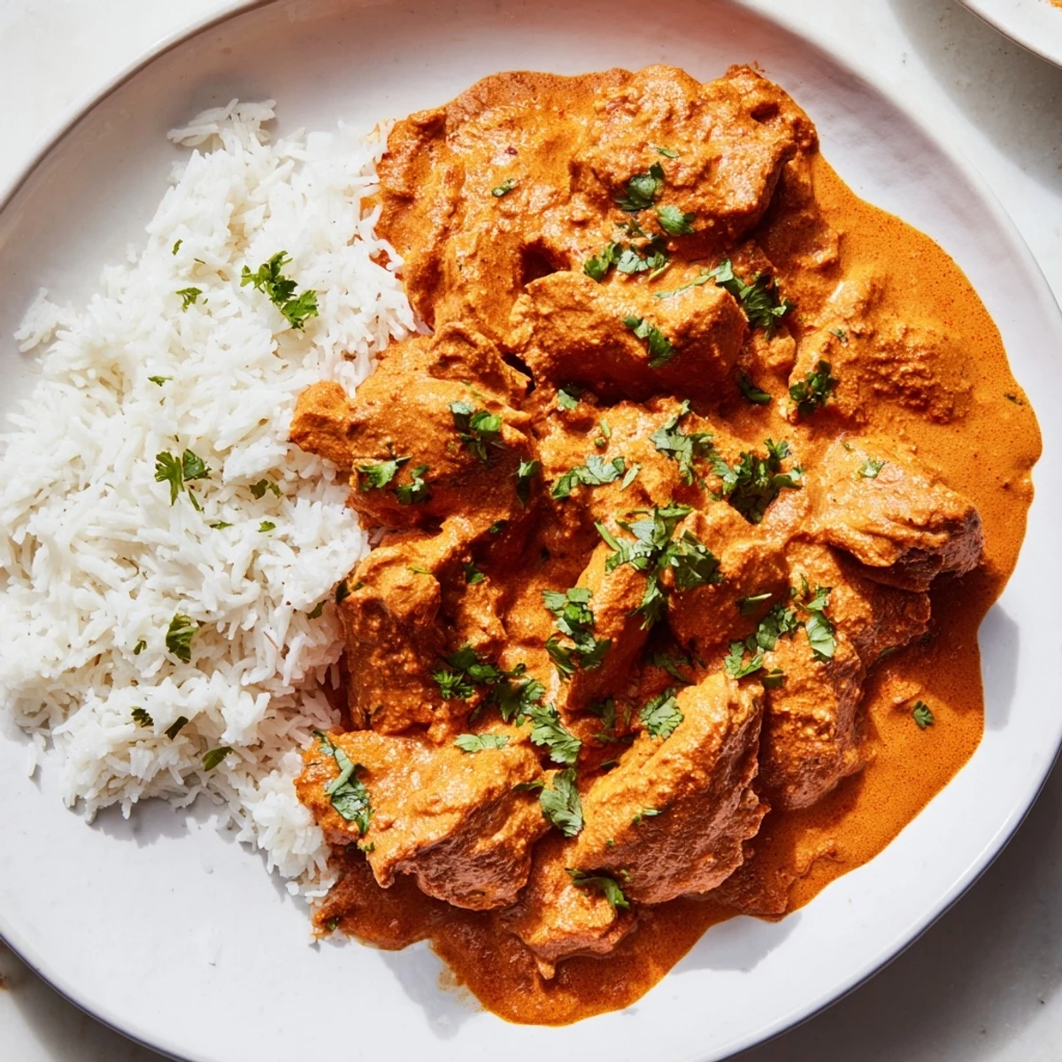 Close-up of Chicken Tikka Masala: vibrant red sauce, succulent chicken, and aromatic basmati rice.