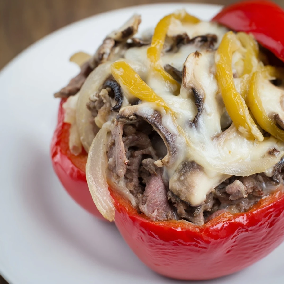 Golden-brown and cheesy, these Beef Philly Cheesesteak Stuffed Peppers are a delicious, hearty low-carb dinner.