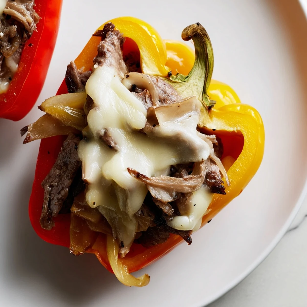 Melted provolone oozes over savory beef in these tempting Beef Philly Cheesesteak Stuffed Peppers, ready to enjoy.