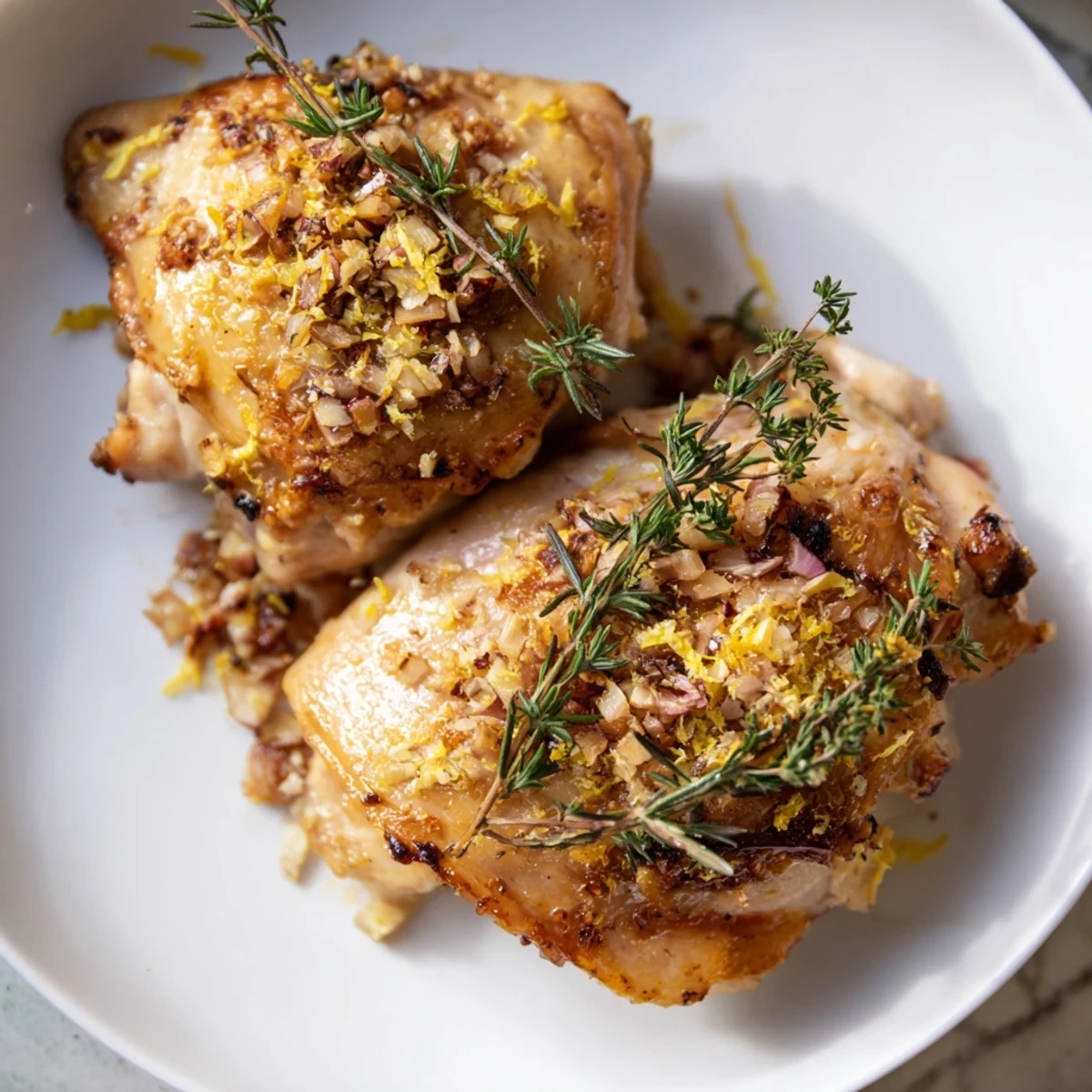Golden, crispy Lemon Garlic Roasted Chicken Thighs, sizzling with garlic and herbs, ready to serve.