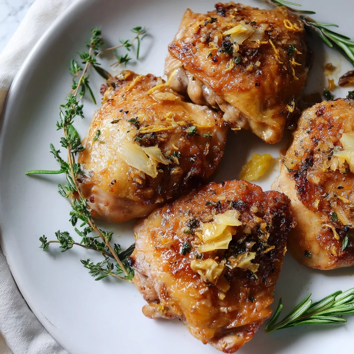 A platter of aromatic Lemon Garlic Roasted Chicken Thighs, showcasing perfectly browned, juicy skin and glistening with flavor.