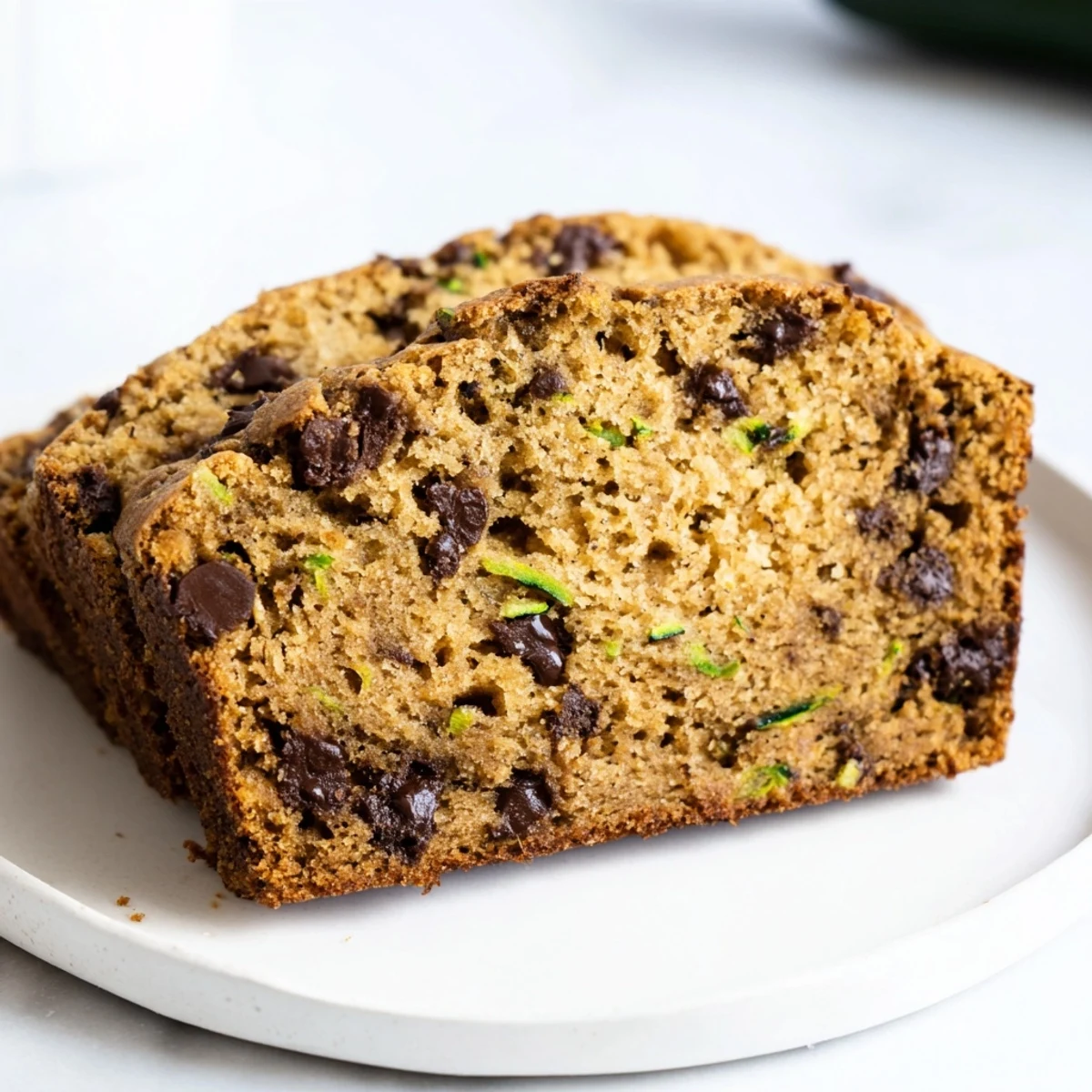 Golden-brown Chocolate Chip Zucchini Bread, sliced, ready to serve with warm, gooey chocolate.