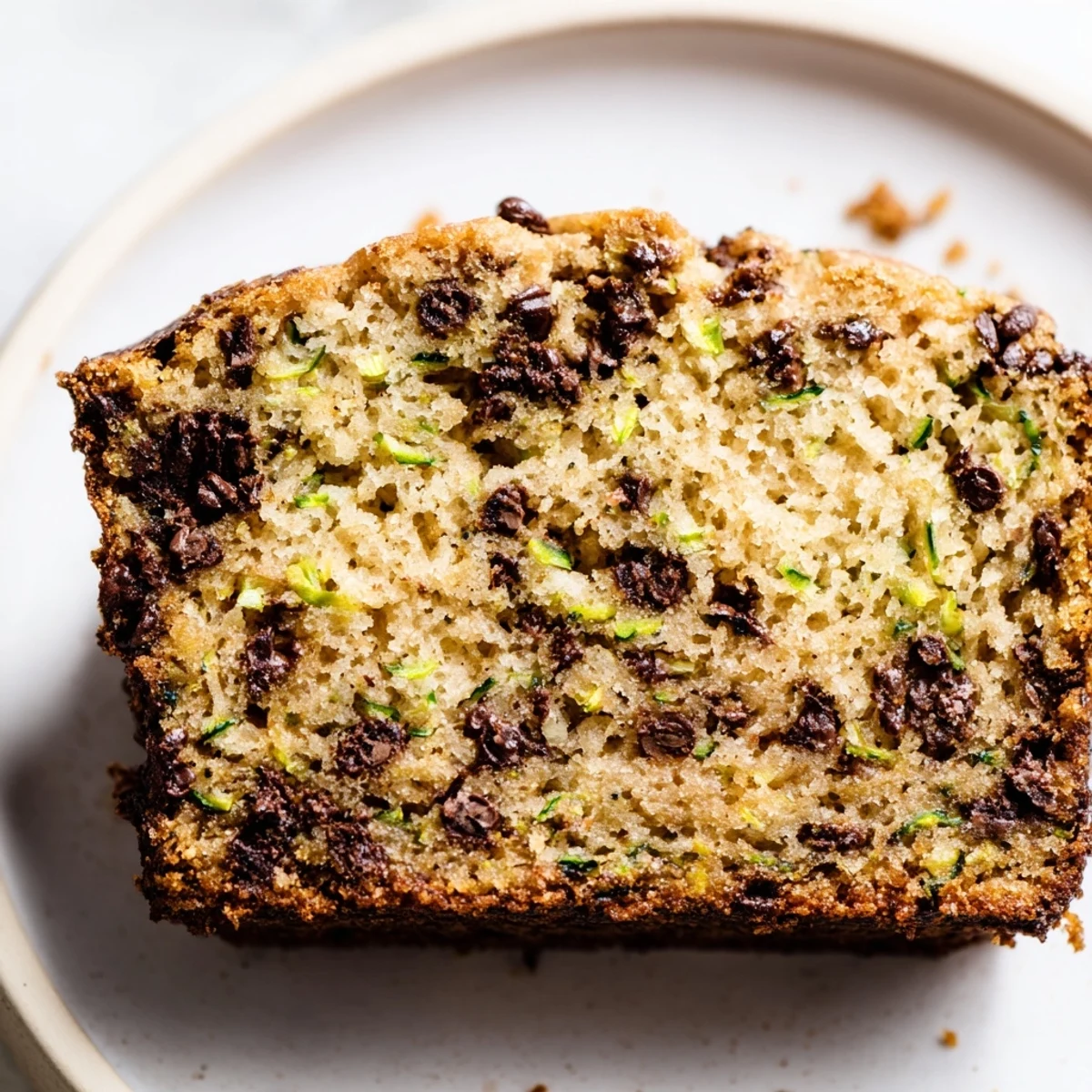A freshly baked Chocolate Chip Zucchini Bread loaf, showcasing moist texture and speckled chocolate.