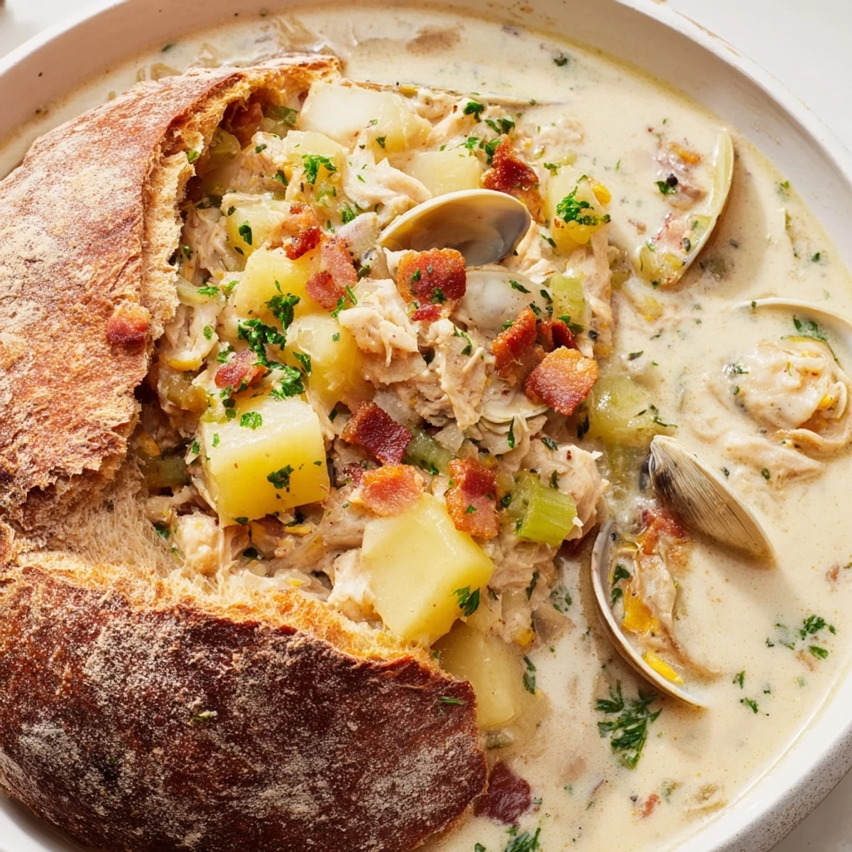 Steaming Creamy Clam Chowder in a sourdough bowl, complete with tender clams and smoky bacon.