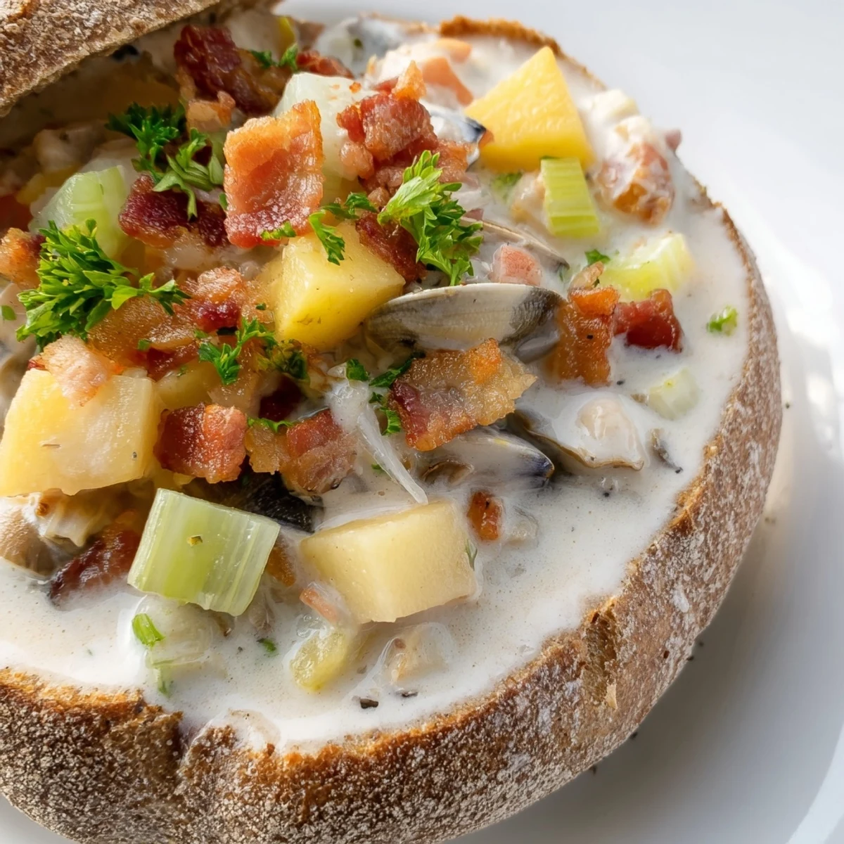 Velvety Creamy Clam Chowder overflowing from a crusty sourdough bowl, garnished with fresh parsley.