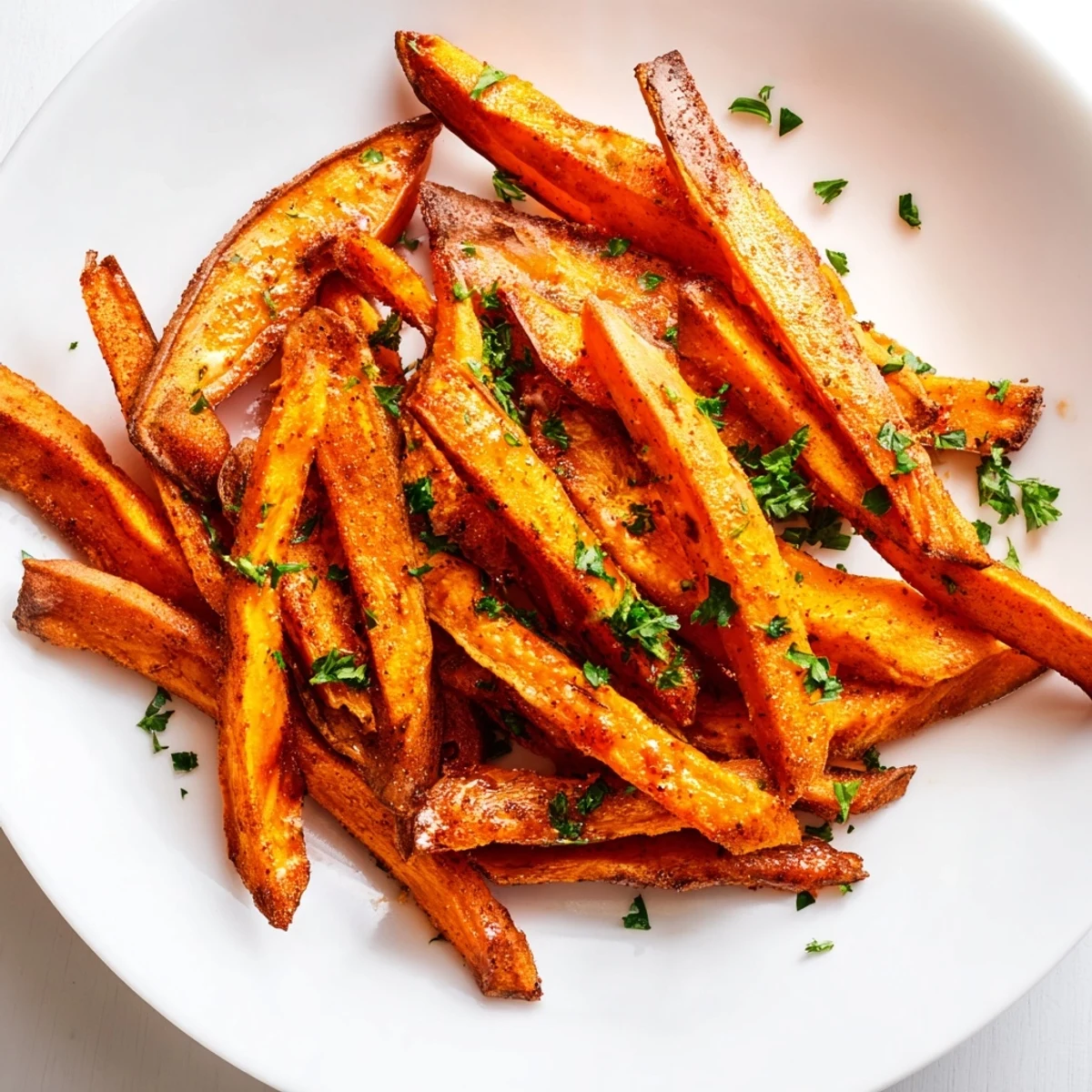 Golden and crispy Air Fryer Sweet Potato Fries, seasoned perfectly and ready to pair with your dipping sauce.