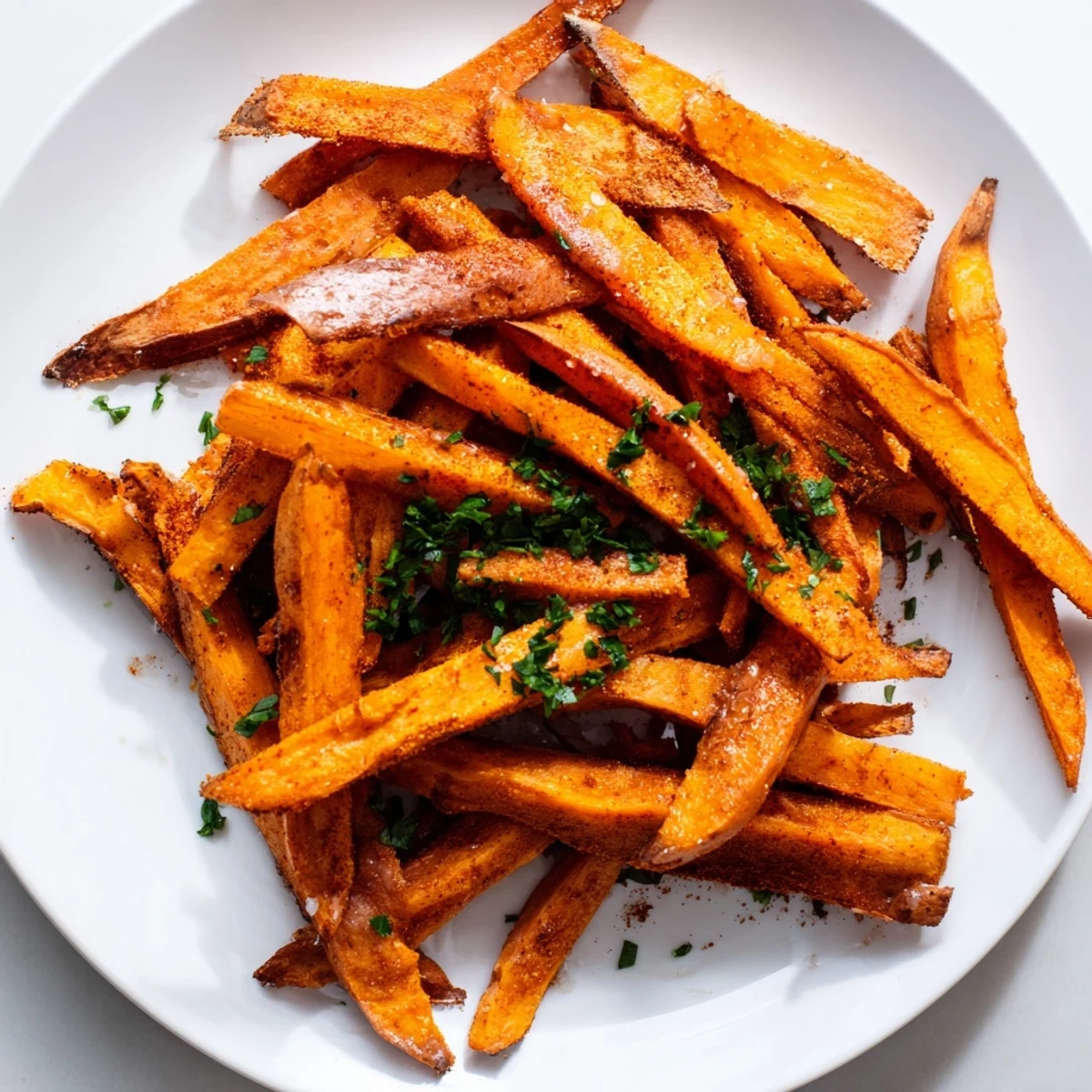 A close-up of a serving of delicious Air Fryer Sweet Potato Fries, just cooked and sprinkled with fresh parsley.