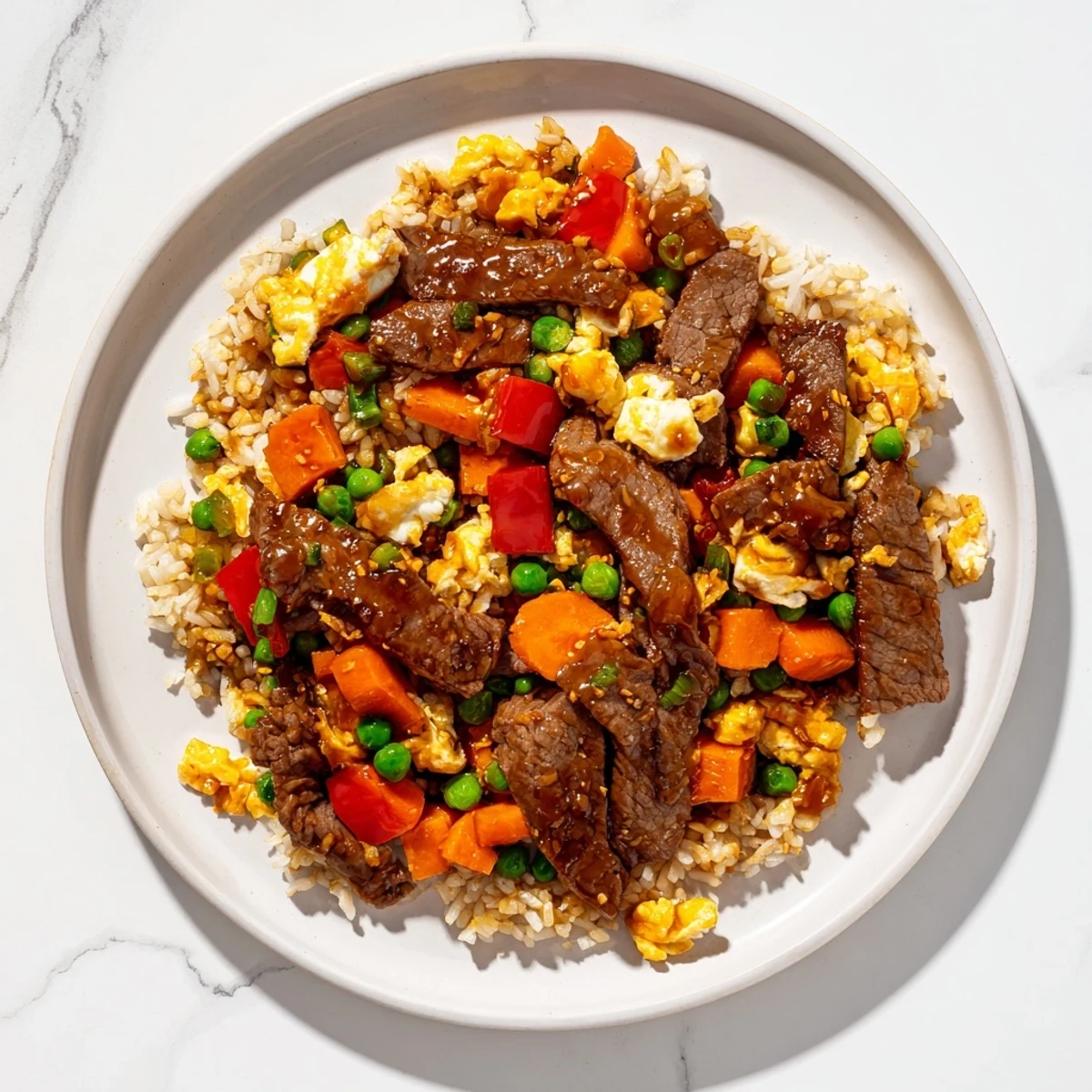A steaming bowl of Beef Fried Rice with vibrant vegetables, ready to eat and enjoy.