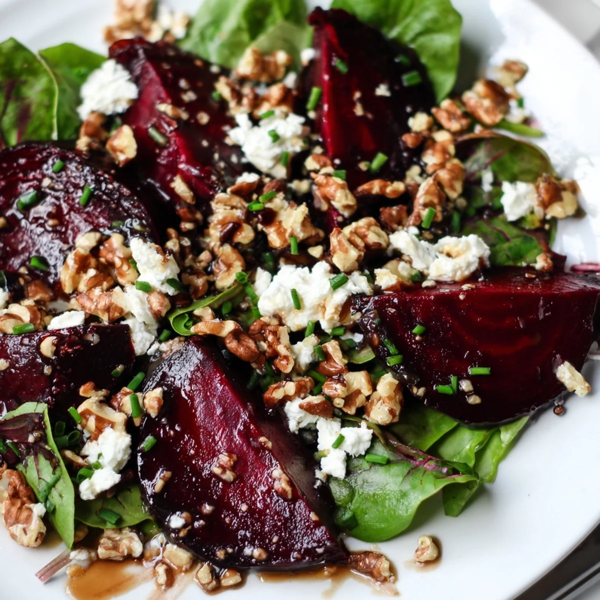 This colorful Roasted Beet Salad features tender beets, tangy dressing, and crumbled creamy goat cheese atop fresh greens.
