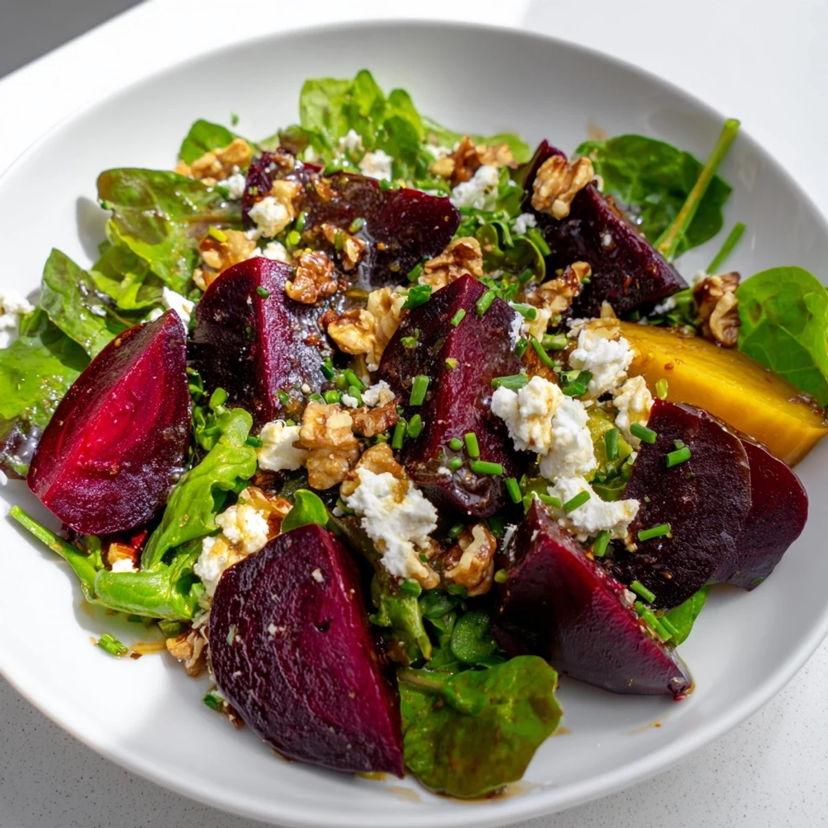 Enjoy a refreshing Roasted Beet Salad, with toasted walnuts and goat cheese, a perfect vegetarian meal.