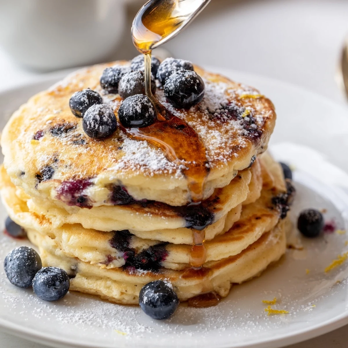 Freshly made Lemon Blueberry Pancakes topped with powdered sugar and extra berries on a rustic plate.