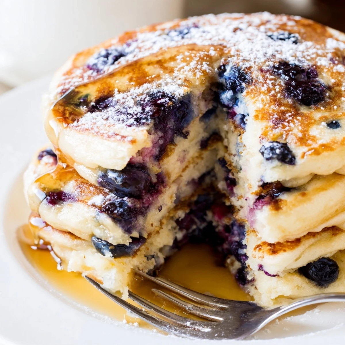 Golden Lemon Blueberry Pancakes sizzling on a griddle, filled with juicy blueberries and bright lemon zest.