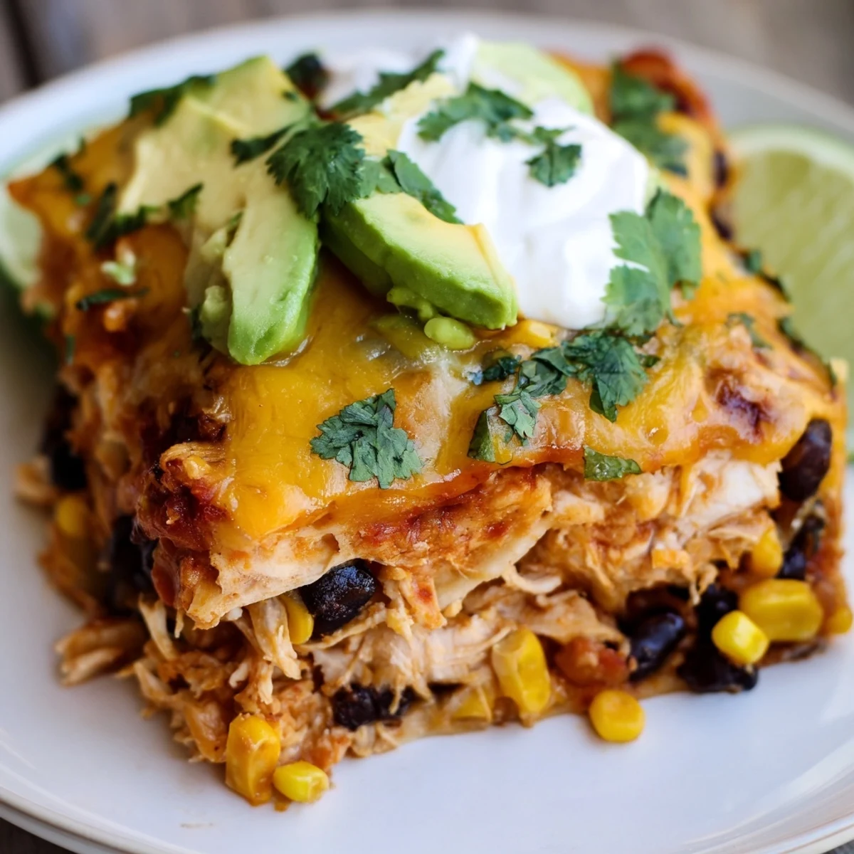 A slice of Chicken Enchilada Casserole with Cheddar Cheese is lifted from the baking dish, revealing layers of tender chicken, corn tortillas, and bubbly red sauce.