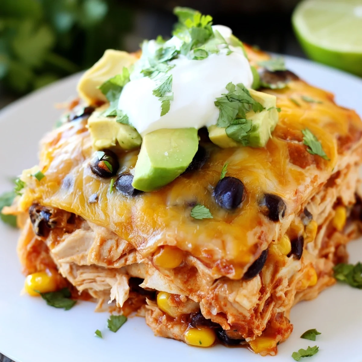 Golden melted Chicken Enchilada Casserole with Cheddar Cheese fills a baking dish, garnished with fresh cilantro and avocado slices for a perfect weeknight dinner.