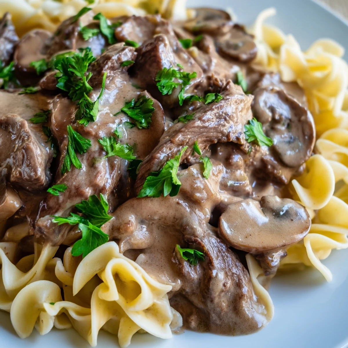 Rich and savory Beef Stroganoff with Mushroom Gravy over Noodles, ready to serve for a cozy dinner.
