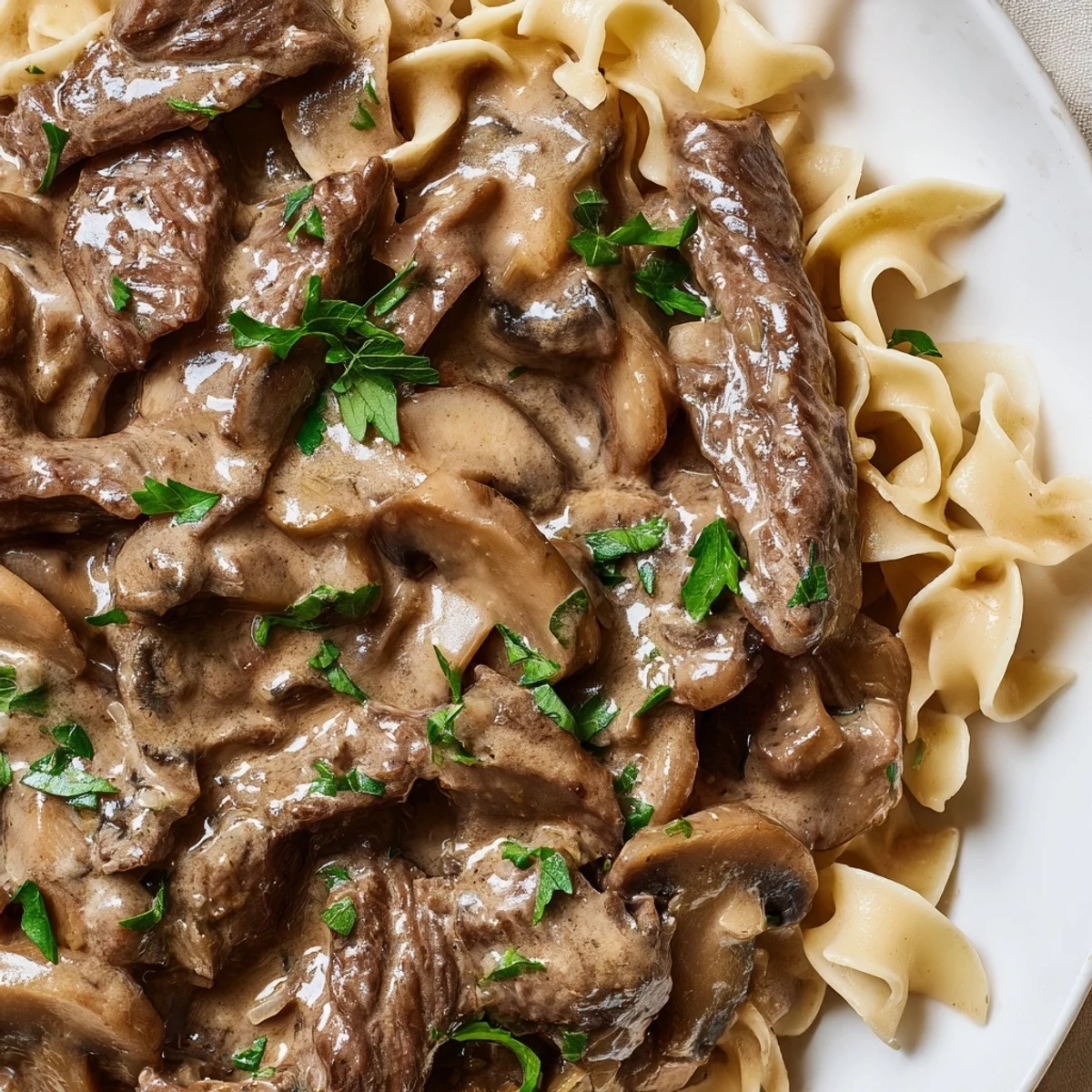 Steaming plate of hearty Beef Stroganoff with Mushroom Gravy over Noodles, garnished with fresh parsley.