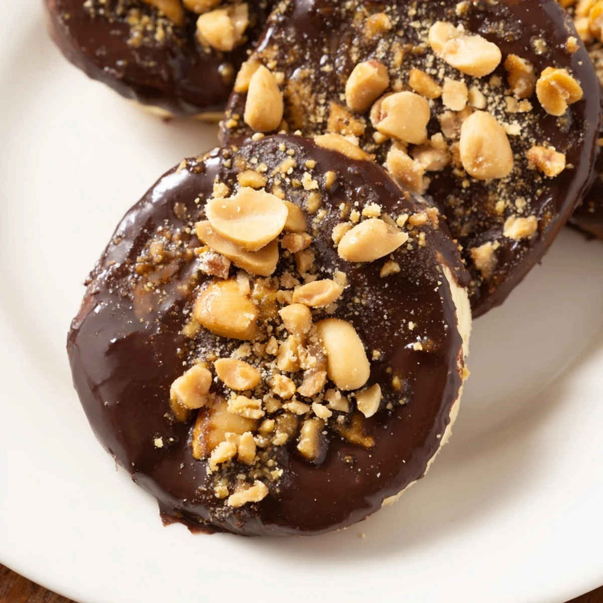Freshly dipped Chocolate Covered Banana Bites with Peanuts on a baking sheet, ready to freeze.
