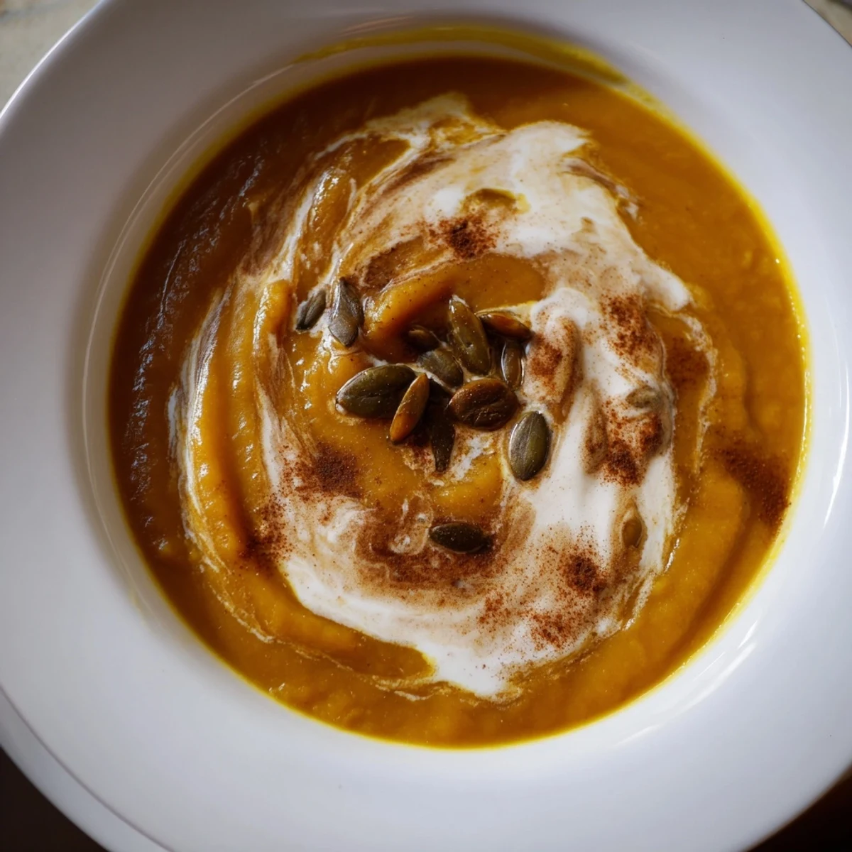 Creamy blended Winter Squash Soup with Apple and Ginger served in a white bowl, highlighted with a cinnamon sprinkle.