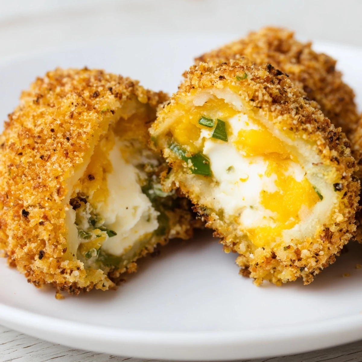 A single Spicy Jalapeno Poppers with Cream Cheese Filling is split open to reveal the melted filling.