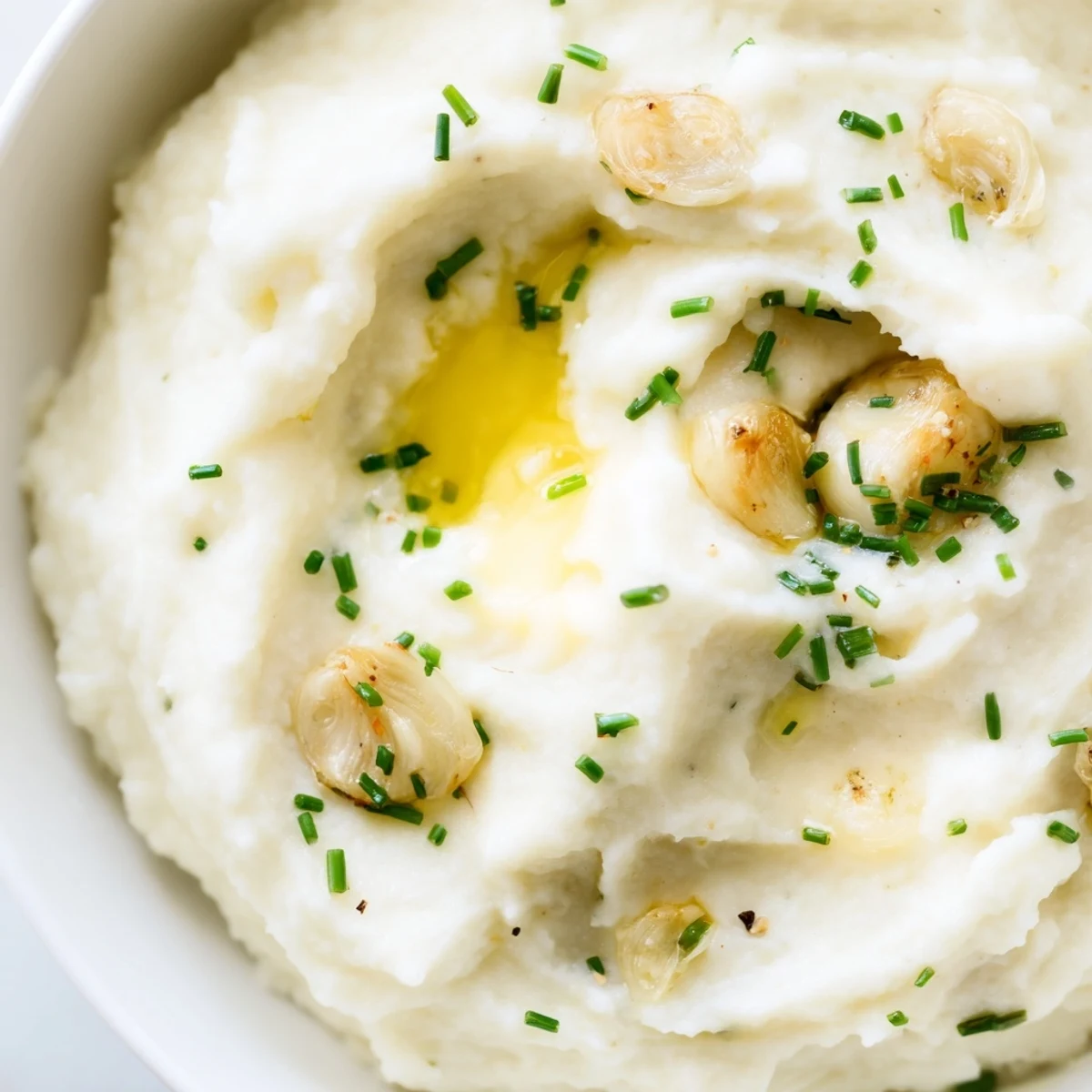 Golden Roasted Garlic Mashed Cauliflower with Chives in a rustic serving bowl, garnished with fresh green chives.