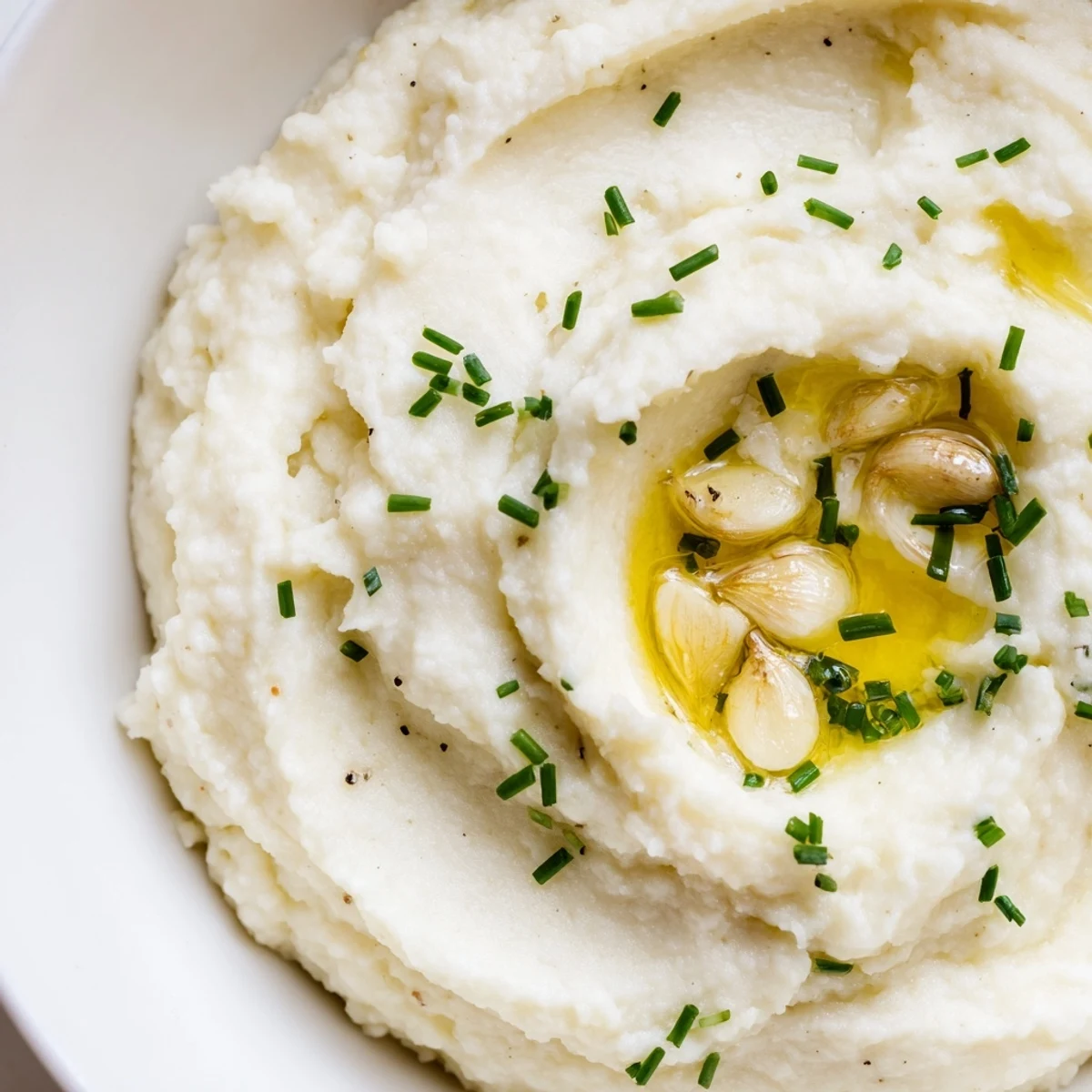 Creamy Roasted Garlic Mashed Cauliflower with Chives topping a baked potato, served alongside grilled steak on a plate.