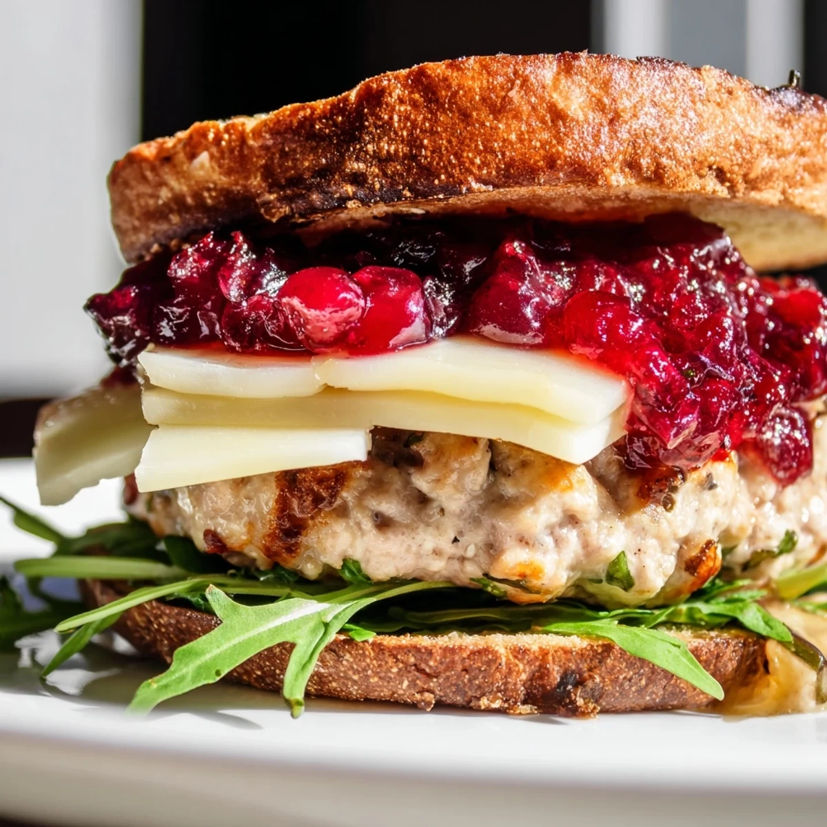 Juicy turkey burgers with cranberry sauce and Brie on a toasted bun, garnished with fresh arugula.