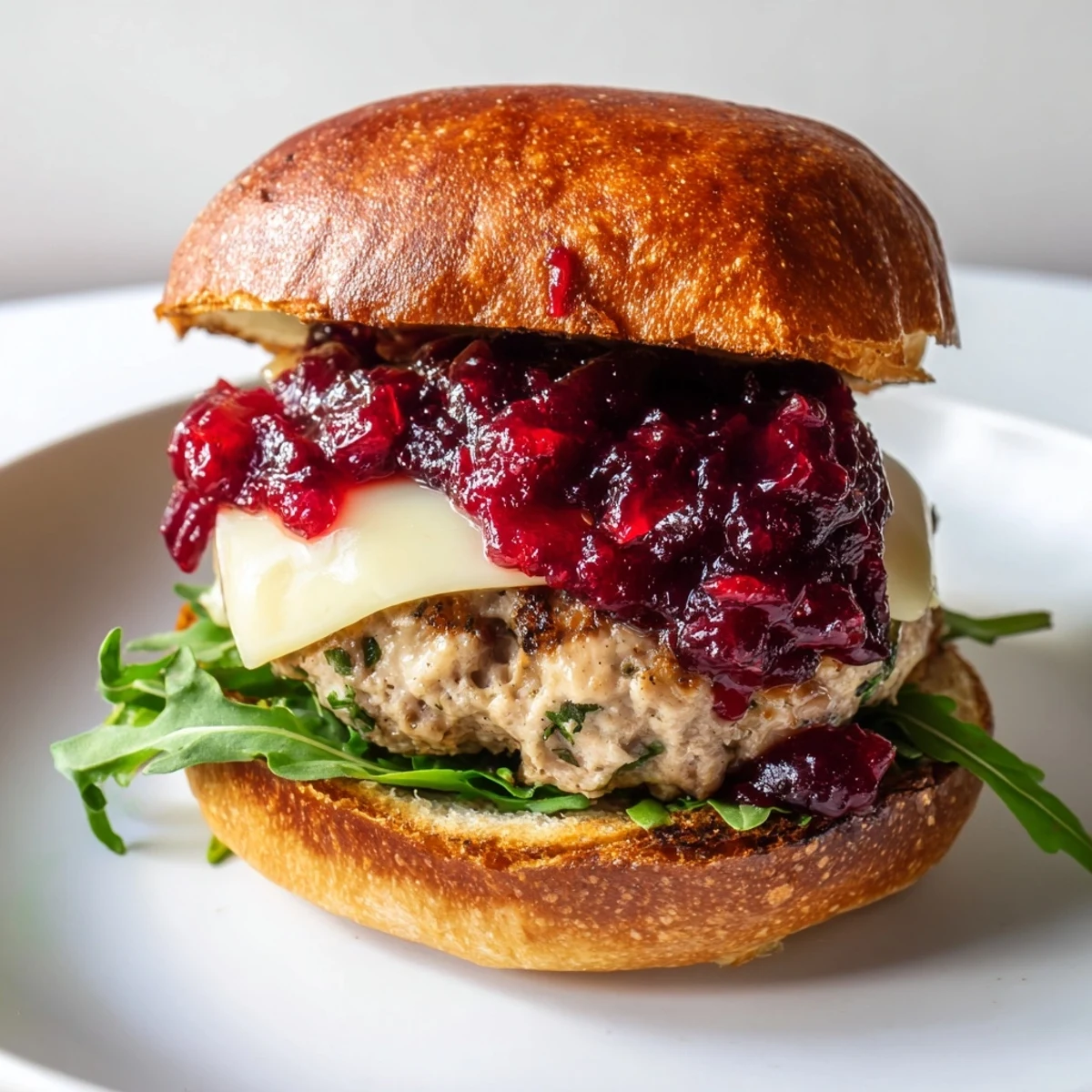 Golden-brown turkey burgers topped with creamy Brie and tangy cranberry sauce served on toasted buns.
