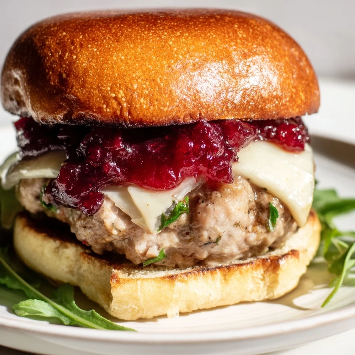 Gourmet turkey burgers with cranberry sauce and melted Brie, paired with arugula on a toasted bun.