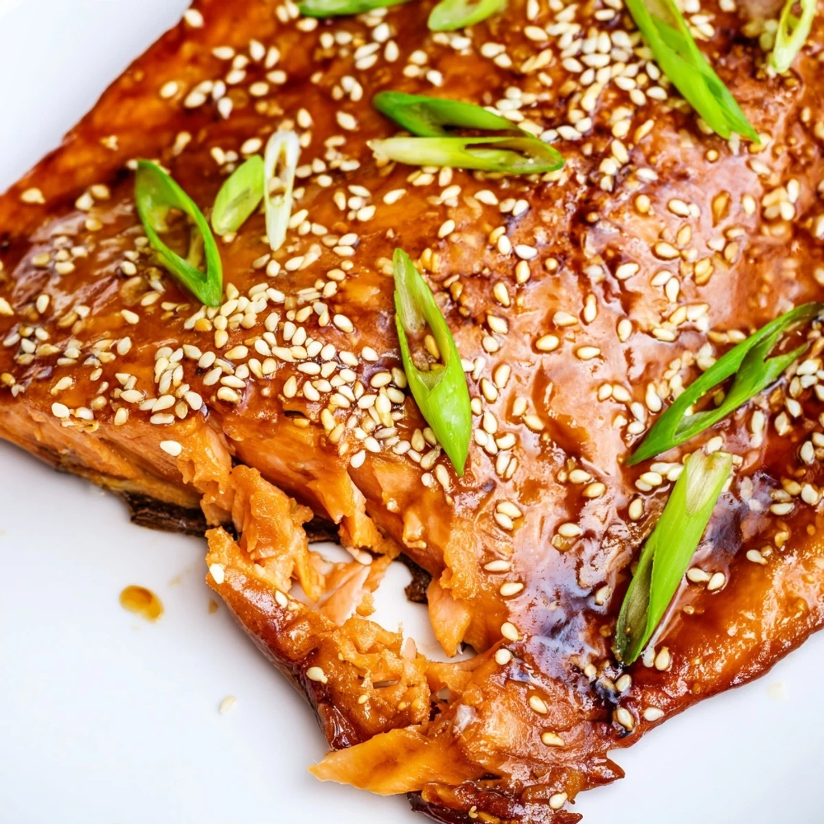 Golden-brown baked salmon fillets brushed with sticky teriyaki glaze and topped with toasted sesame seeds and sliced green onions, served alongside fluffy white rice.