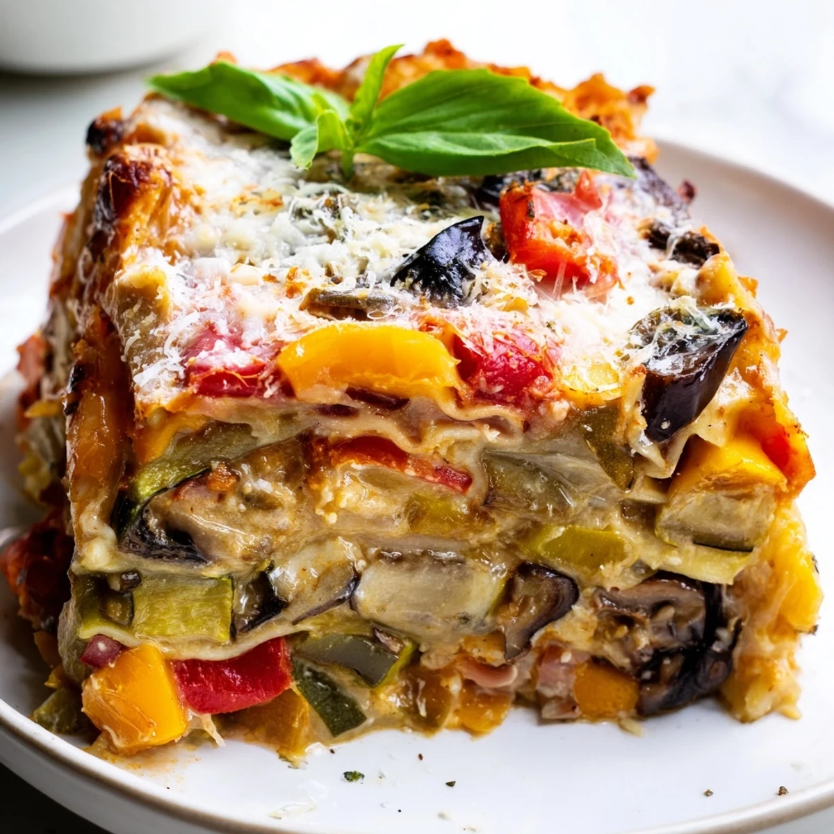 Roasted Vegetable Lasagna with Cheese Sauce served in a square slice, melted mozzarella and parmesan topping glistening over the layers.