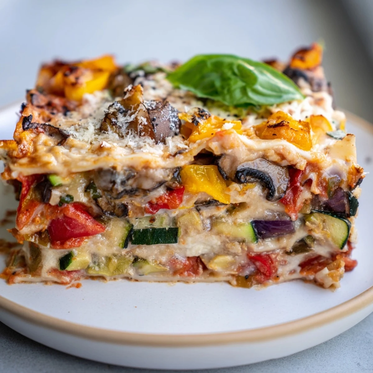 Homemade Roasted Vegetable Lasagna with Cheese Sauce plated beside fresh basil and a glass of red wine, ready for dinner.