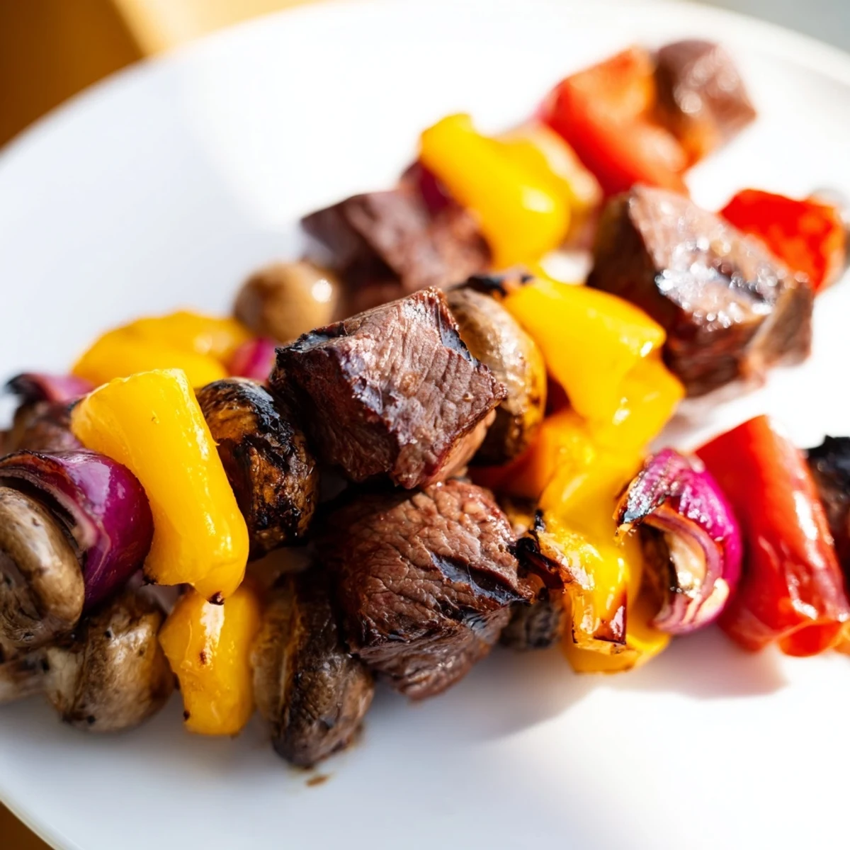 Sizzling Beef Kebabs with Peppers and Mushrooms arranged on a white plate with fluffy rice pilaf.