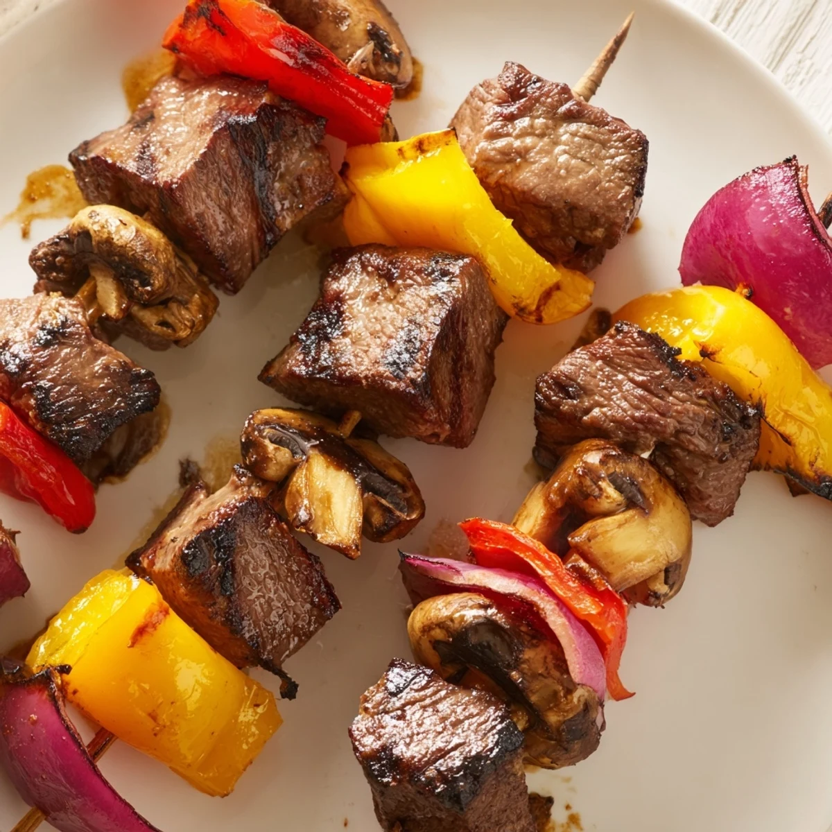 Golden-brown Beef Kebabs with Peppers and Mushrooms sizzling on a grill with visible char marks.