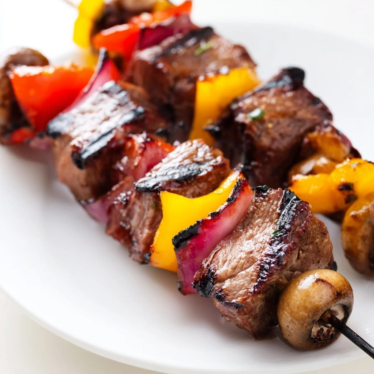 Close-up of grilled Beef Kebabs with Peppers and Mushrooms highlighting juicy beef and caramelized vegetables.