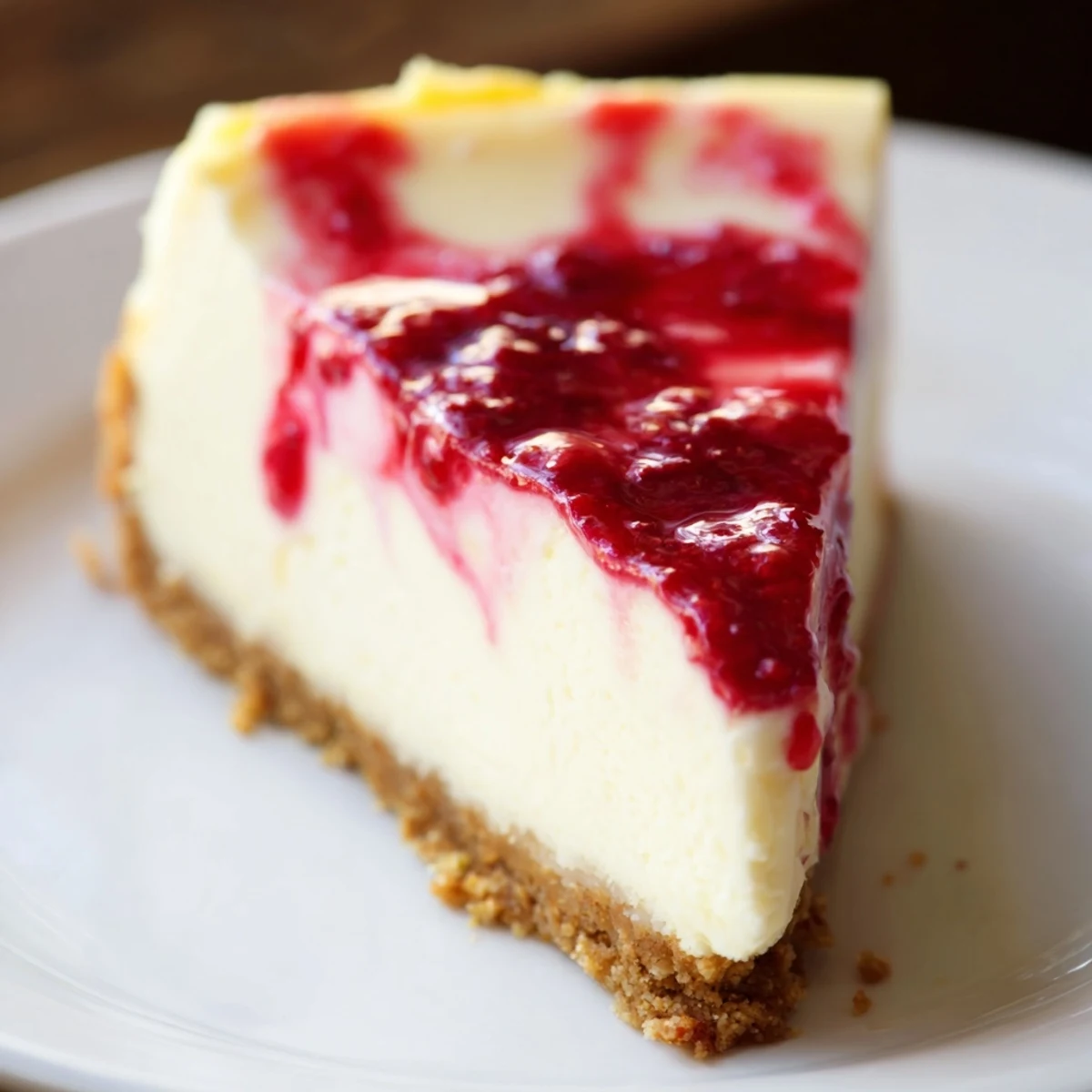 On a white plate, Lemon Raspberry Cheesecake Squares are garnished with fresh berries, showcasing a marbled top and golden graham cracker base.