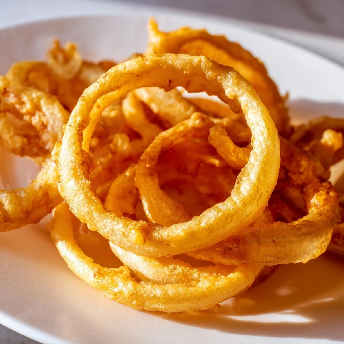 Crispy Onion Rings with Batter resting on paper towels, glistening with sea salt and ready for dipping sauces.