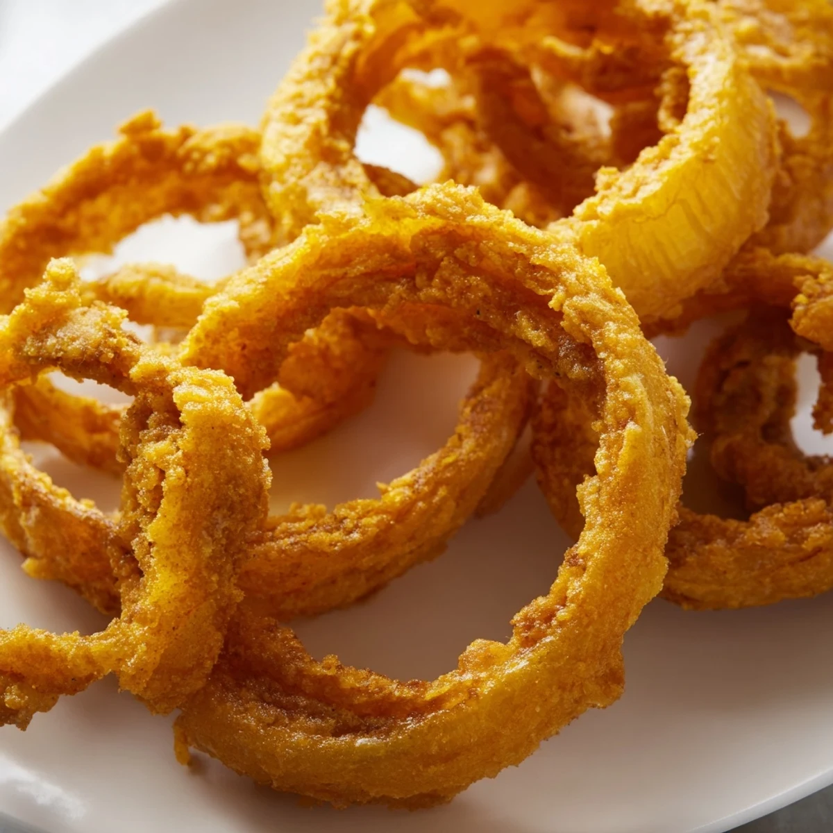 Golden Crispy Onion Rings with Batter stacked high on a plate, served alongside creamy ranch and zesty ketchup.