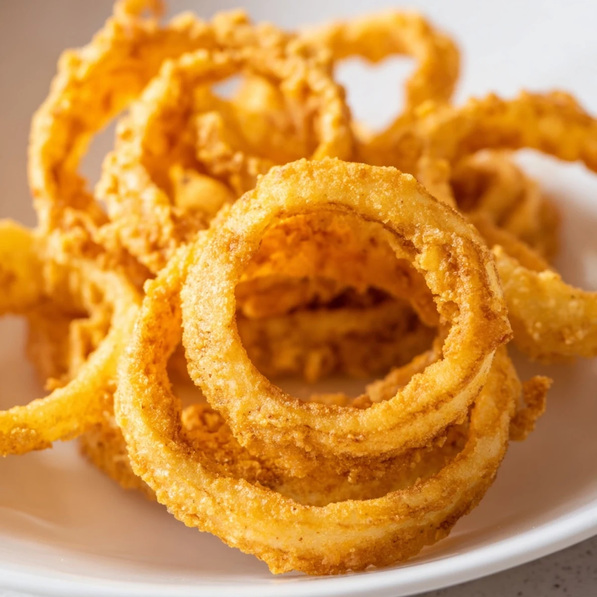 Homemade Crispy Onion Rings with Batter in a wire basket, steam rising from the golden, crunchy coating.