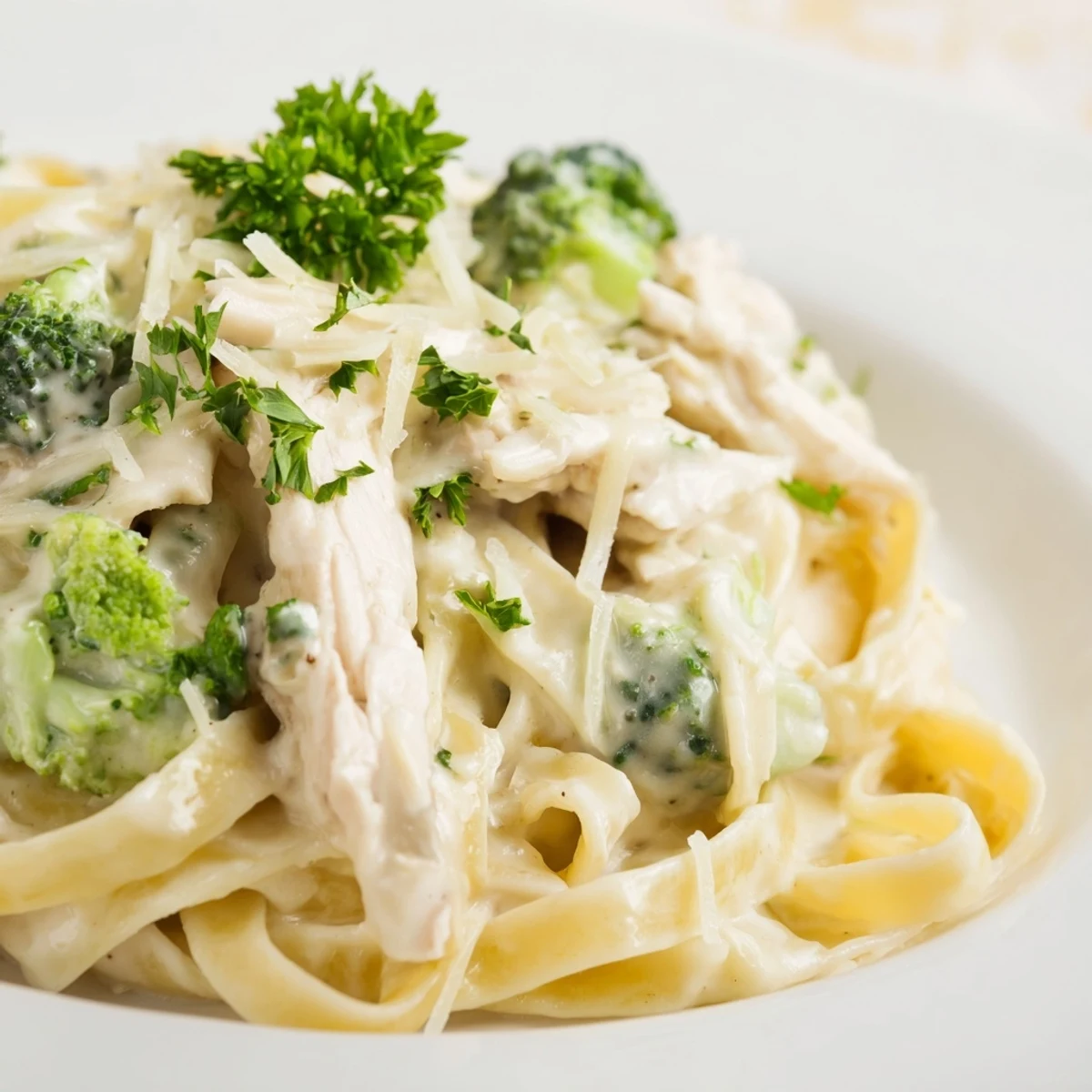Creamy Chicken Alfredo with Broccoli served in a white bowl with fresh parsley garnish, ready to enjoy.
