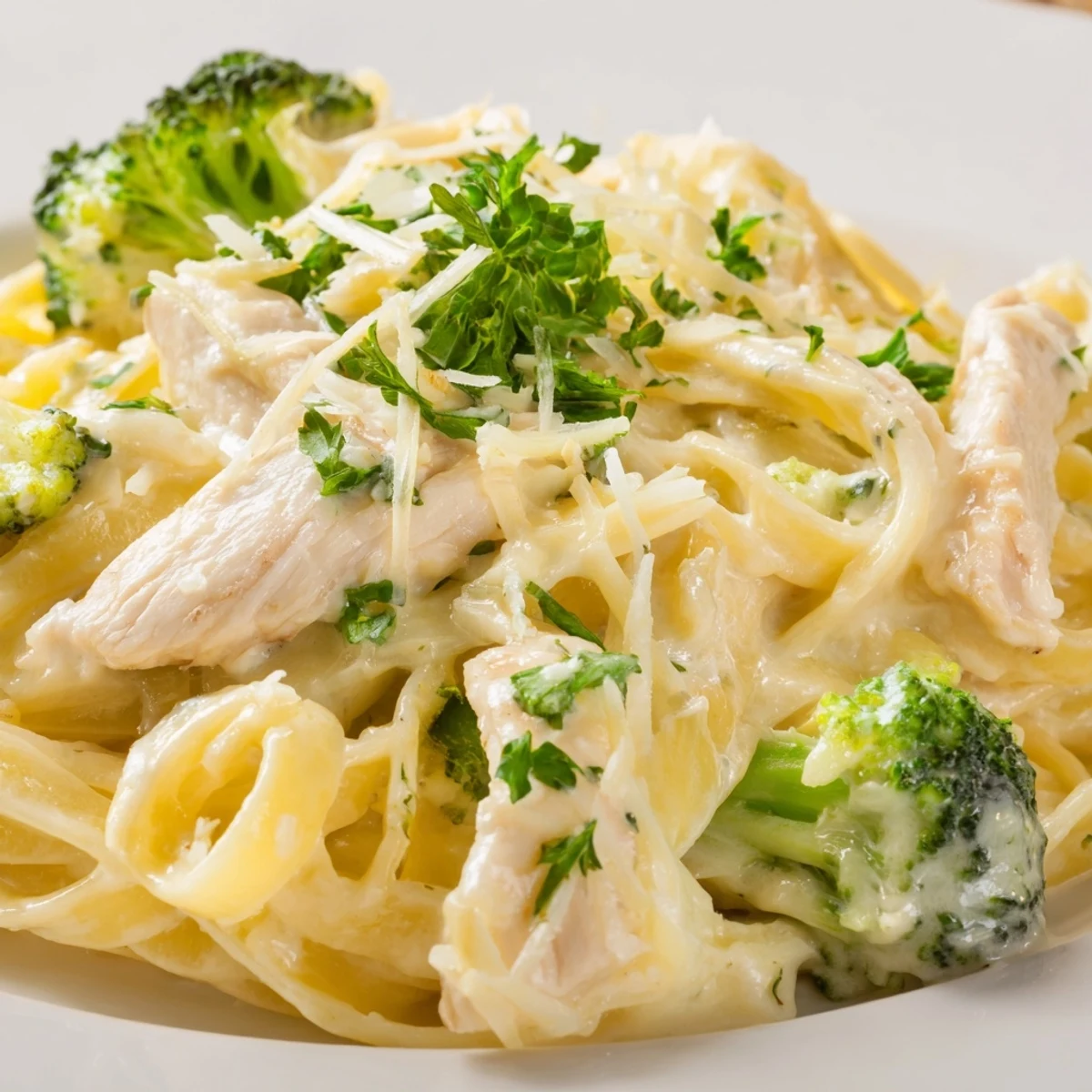 Family-style skillet of Creamy Chicken Alfredo with Broccoli alongside crusty bread and a glass of white wine.