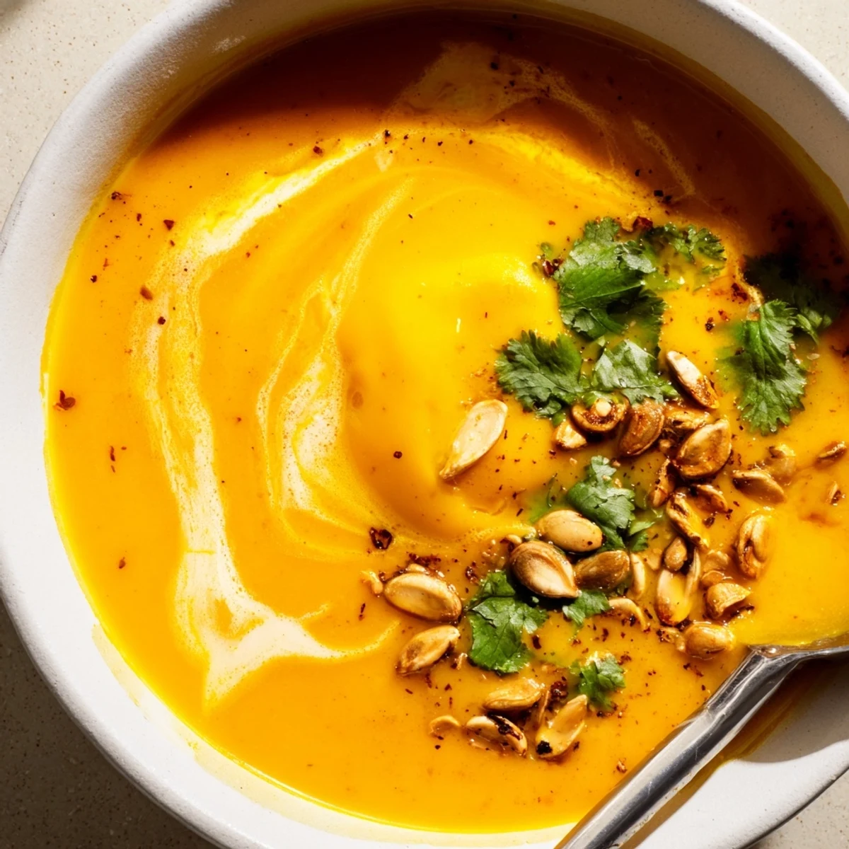 Creamy Savory Pumpkin Soup with Curry Powder served in a rustic bowl with a coconut swirl and toasted pumpkin seeds.