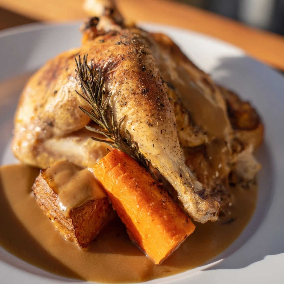 Golden-brown Roasted Chicken with Vegetables and Gravy glistens on a platter surrounded by caramelized carrots and potatoes.