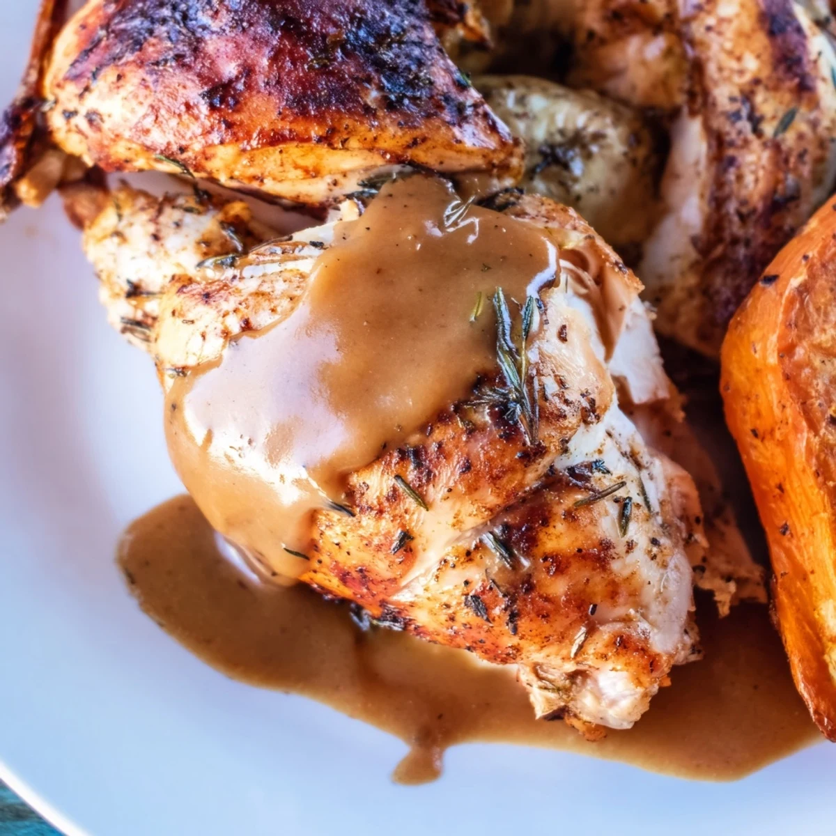 Roasted Chicken with Vegetables and Gravy rests beside roasted carrots and potatoes, showcasing juicy meat and a dark, savory sauce.
