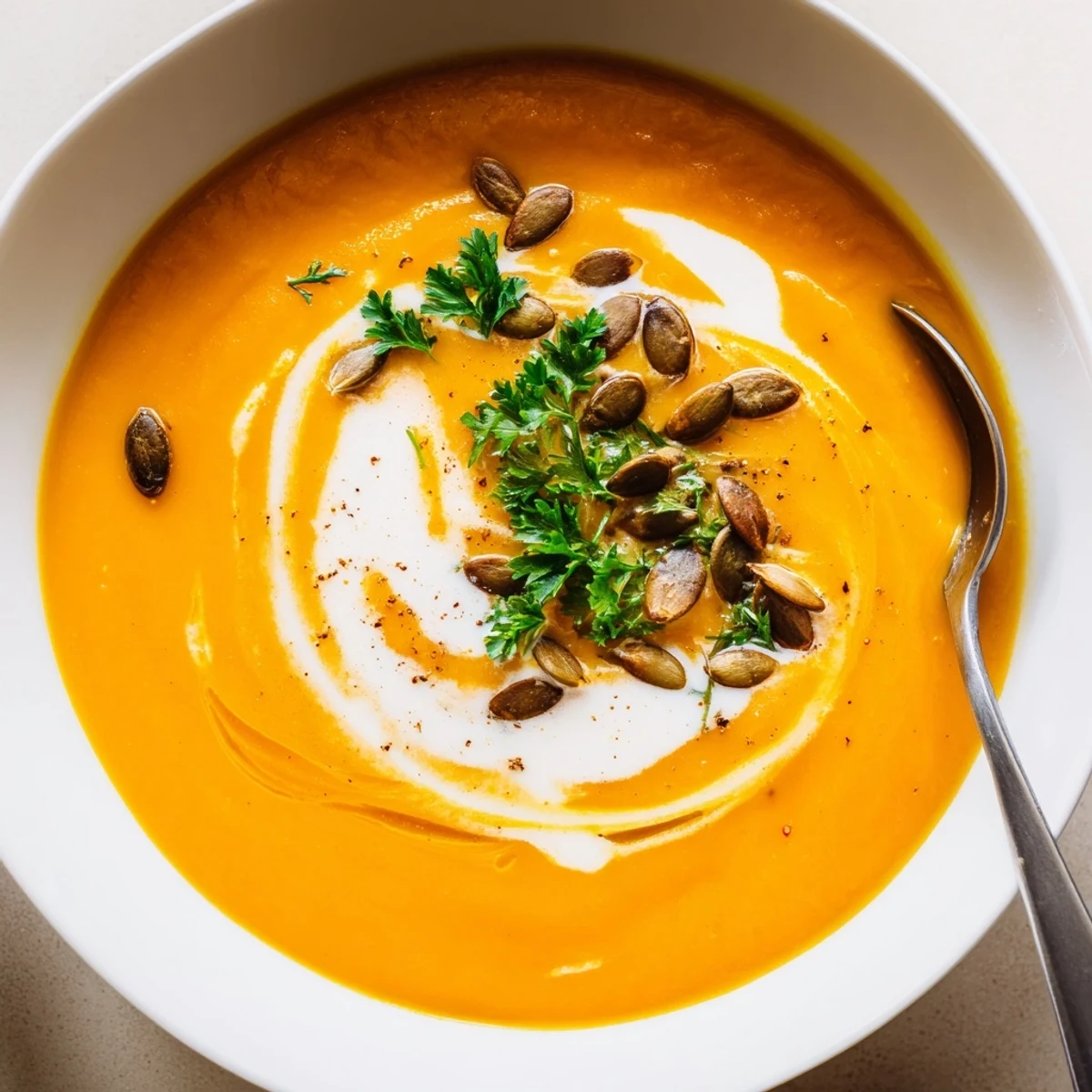 Fall Spiced Pumpkin Soup served hot with a drizzle of cream and toasted pumpkin seeds.