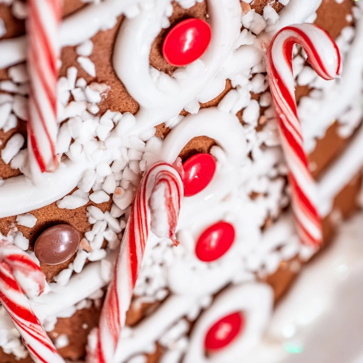 Freshly baked gingerbread house kit panels cooling on a wire rack next to a bowl of royal icing and festive candies.