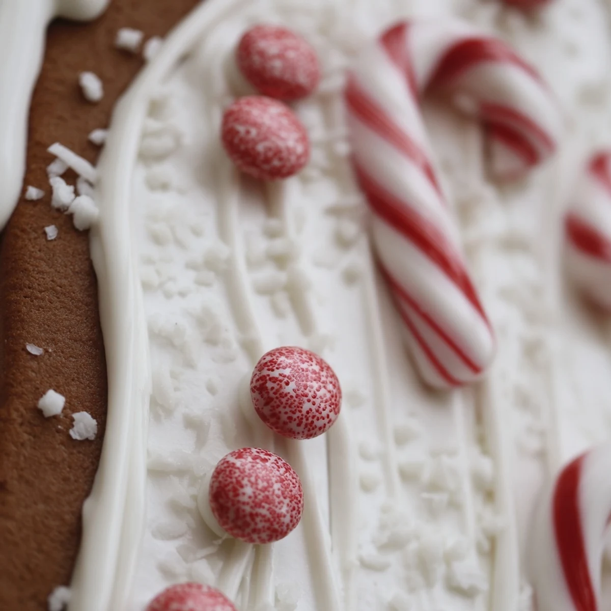 Close-up of a gingerbread house kit showing textured spiced walls, glossy icing details, and scattered coconut flakes for snow.