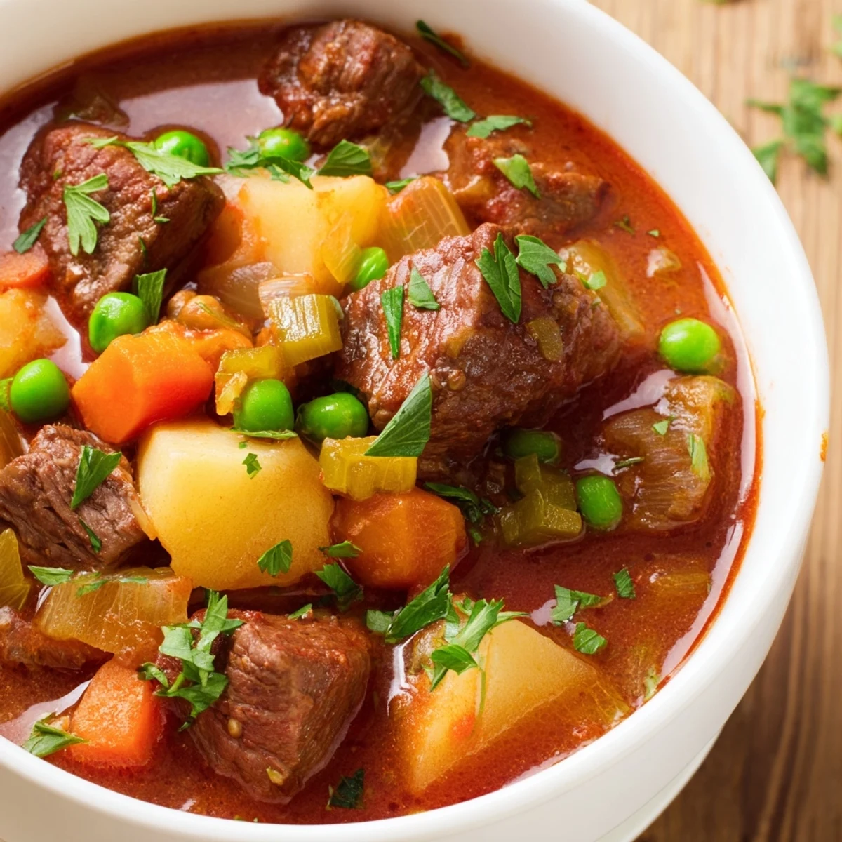 A warm bowl of Savory Beef Stew with Red Wine is ladled with tender beef chunks, carrots, and potatoes, garnished with fresh parsley and served with crusty bread for dipping.