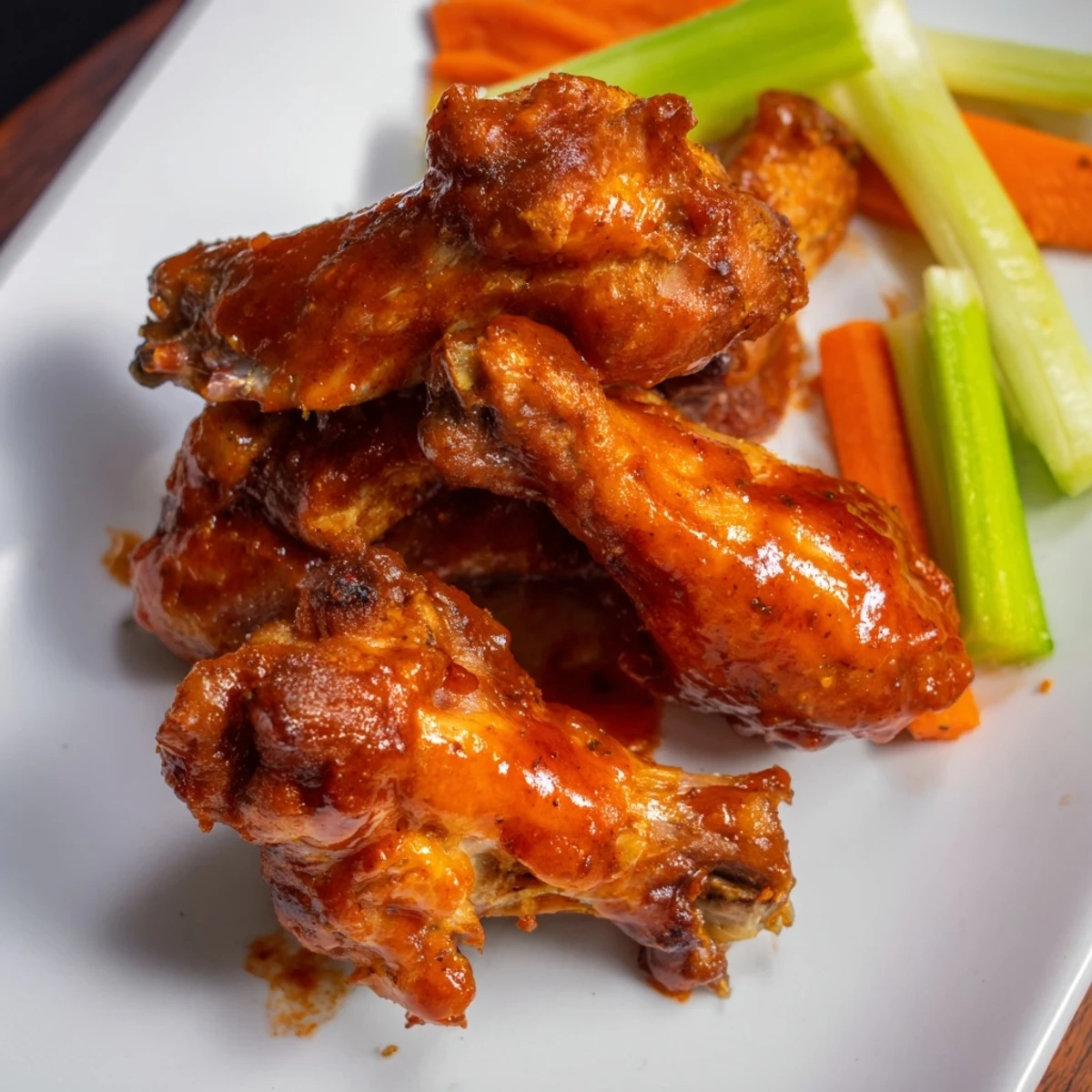 Oven-baked Buffalo chicken wings, perfectly crispy, paired with carrot sticks and a creamy blue cheese dressing.
