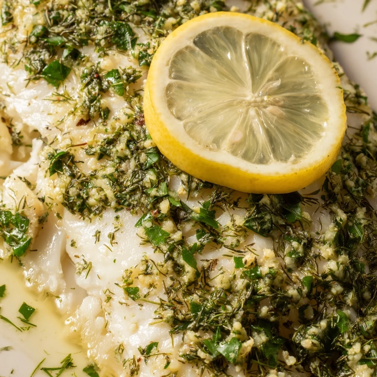 Fork-tender baked tilapia with herbs and lemon zest on a parchment-lined baking sheet.