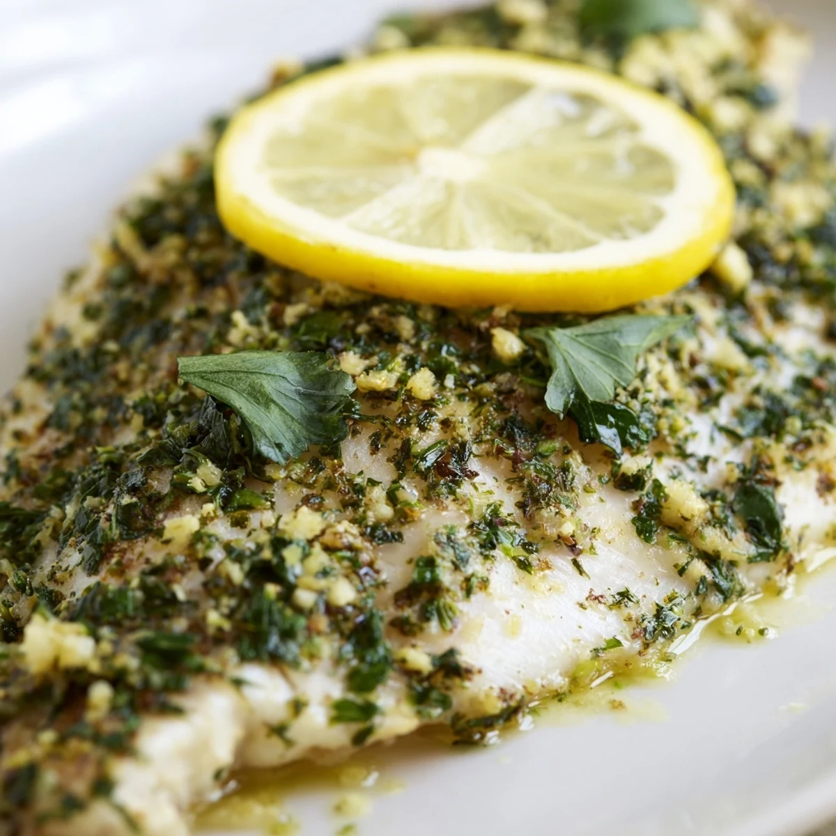 Fresh herb-crusted baked tilapia with lemon slices ready to serve with vegetables.